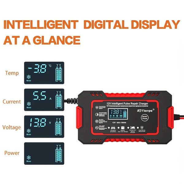 Smart 12V Car Battery Charger & Maintainer - 6A Pulse Repair, LCD Display, Temperature Compensation for AGM, GEL, SLA & Wet Batteries, Fits 4-100Ah Range - Image 11