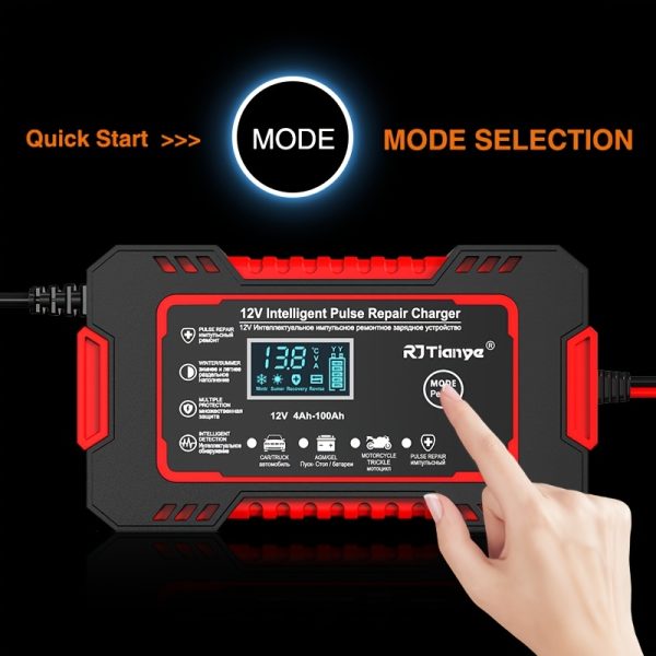 Smart 12V Car Battery Charger & Maintainer - 6A Pulse Repair, LCD Display, Temperature Compensation for AGM, GEL, SLA & Wet Batteries, Fits 4-100Ah Range - Image 2