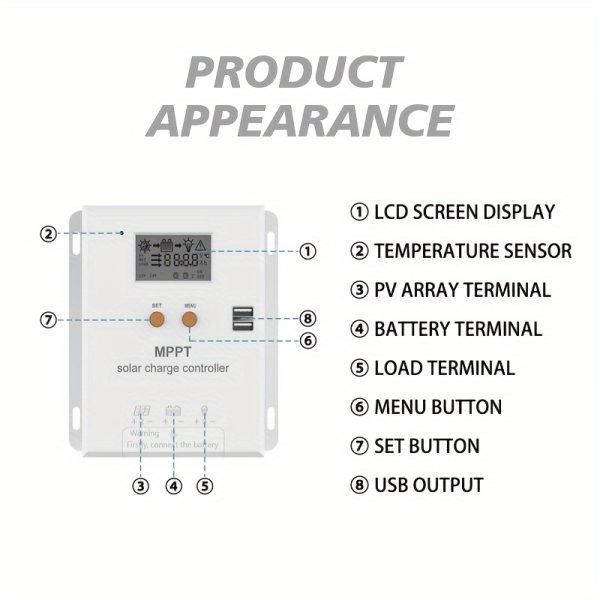 High-Efficiency MPPT Solar Charge Controller - Intelligent Power Management for 12V/24V Battery Systems, Clear LCD Display, and Compatibility with AGM, Gel, Flooded, and Lithium Batteries for Renewable Energy Systems - Image 8