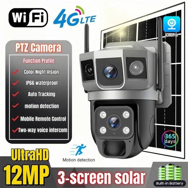 V380Pro Solar Camera 4G Sim Card Camera Triple Screen WiFi Network Security CCTV Built-in Battery PIR Night Vision HD PTZ Camera - AliExpress 30