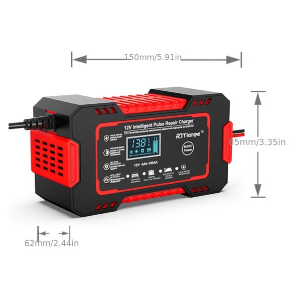 Smart 12V Car Battery Charger & Maintainer - 6A Pulse Repair, LCD Display, Temperature Compensation for AGM, GEL, SLA & Wet Batteries, Fits 4-100Ah Range - Image 4