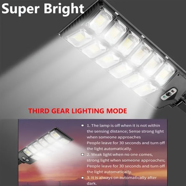 1pc Solar Powered Outdoor Street Light with Motion Sensor, 168/504 LED, 7000K Cool White, 1000-1200 Lumens, Energy-Efficient, Dimmable, Remote Control, 3 Lighting Modes, Dusk to Dawn, Plastic Shade, Semi-Flush Mount, Recessed Fixture, Lithium Battery, Installation Hardware Included, for Porch, Garden, Commercial Area Lighting - Image 10